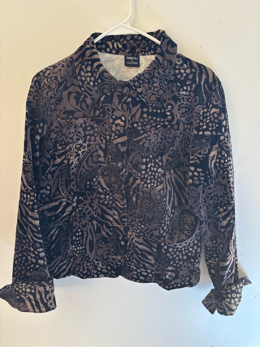 Tribal Black and Brown Floral-Print Button Front Shirt Jacket